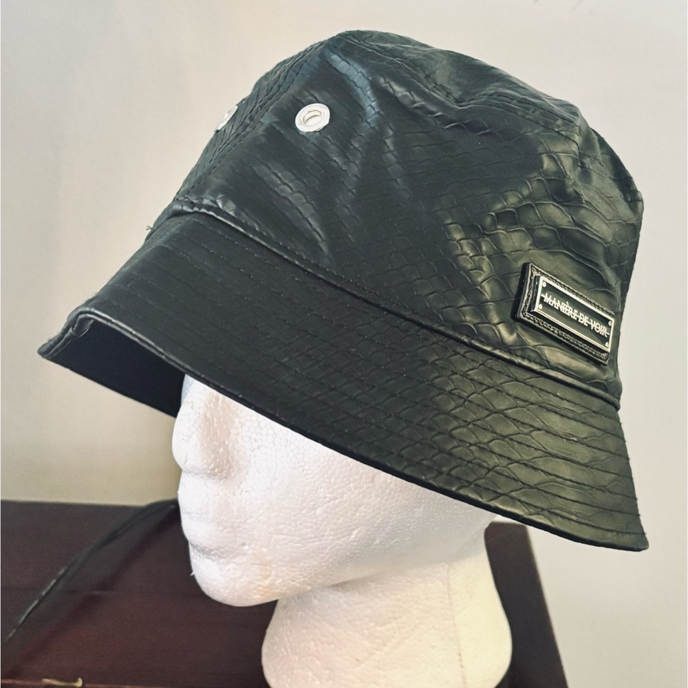 Manière De Voir Black Vegan Leather Bucket Hat with Logo Patch